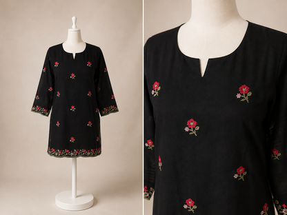 Women's Black Mul Cotton Floral Embroidered Top in M