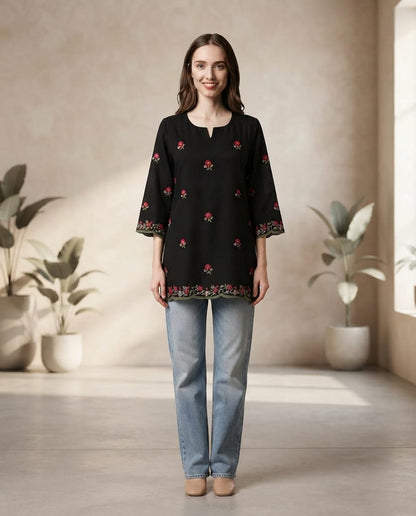 Women's Black Mul Cotton Floral Embroidered Top in M