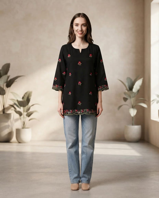 Women's Black Mul Cotton Floral Embroidered Top in S & M