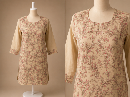 Women's Beige Cotton Thread Embroidered Top in M