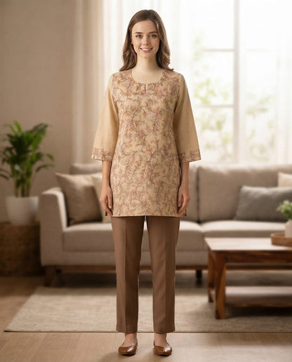 Women's Beige Cotton Thread Embroidered Top in M