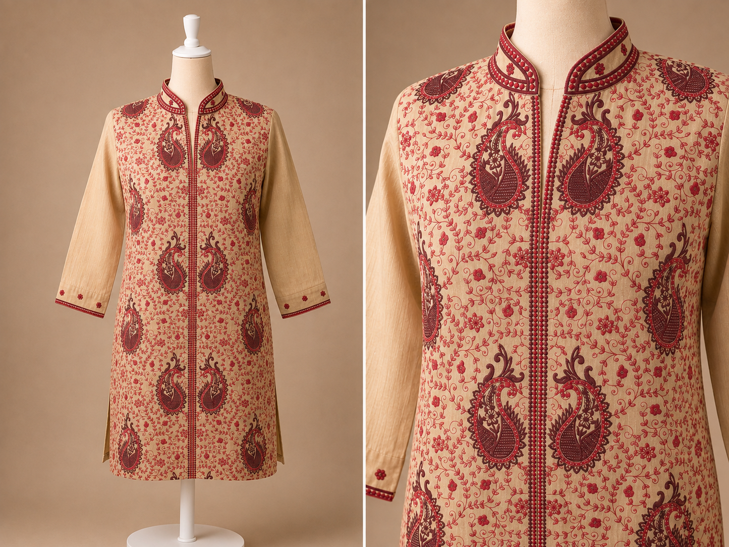 Women's Beige Chanderi Silk Embroidered Tunic in M