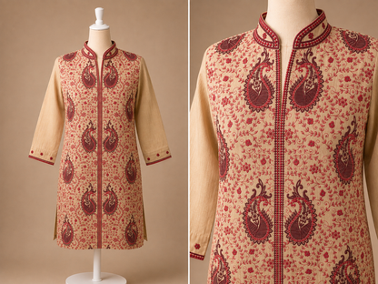 Women's Beige Chanderi Silk Embroidered Tunic in M