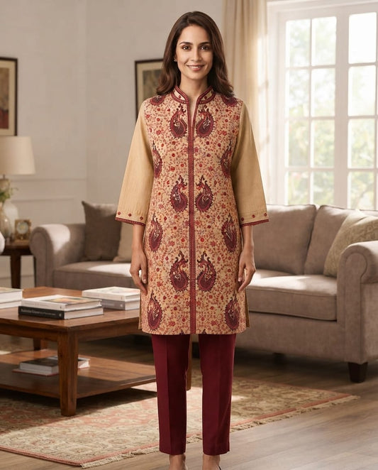 Women's Beige Chanderi Silk Embroidered Tunic in M