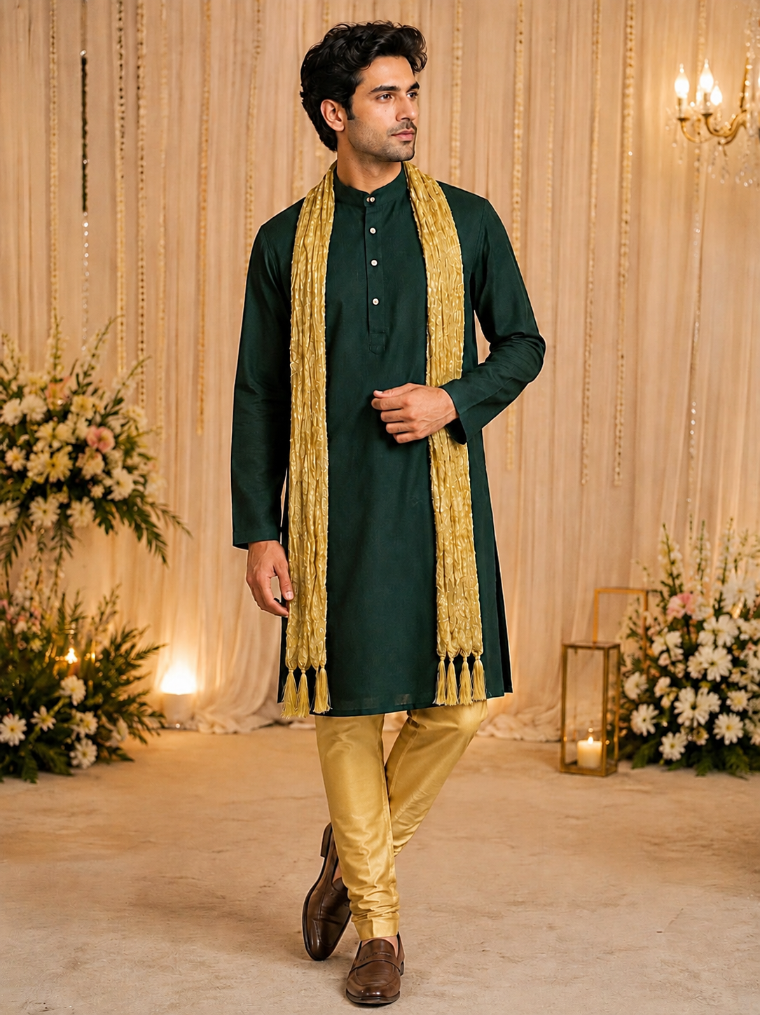 Men’s Green Silk kurta with golden stole (L to 2XL)