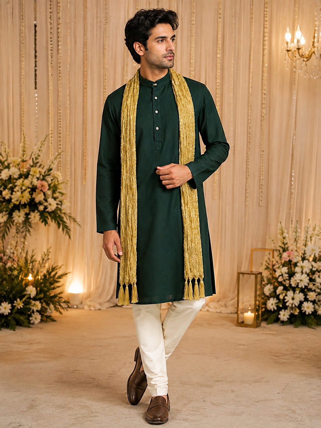 Men’s Green Silk kurta with golden stole (L to 2XL)