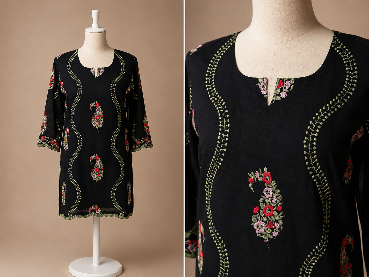 Women’s black mul chanderi top with colorful floral embroidery in L