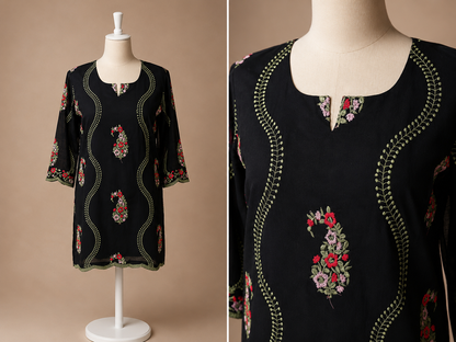 Women’s black mul chanderi top with colorful floral embroidery in L