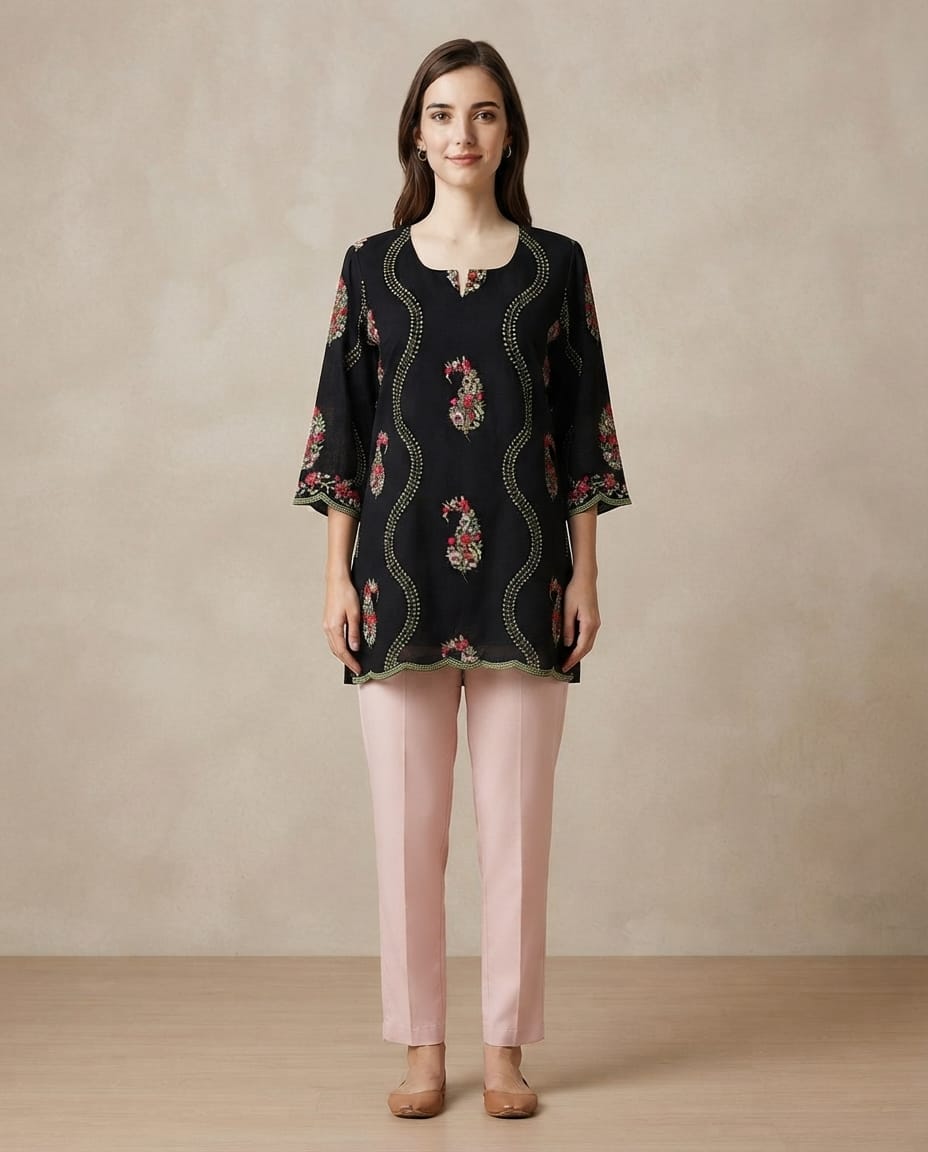Women’s black mul chanderi top with colorful floral embroidery in L