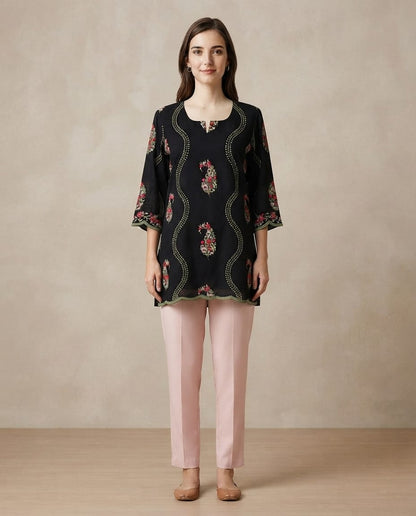 Women’s black mul chanderi top with colorful floral embroidery in L