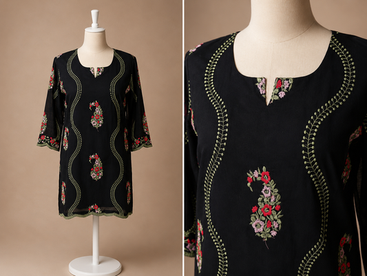 Women’s black mul chanderi top with colorful floral embroidery in L & XL