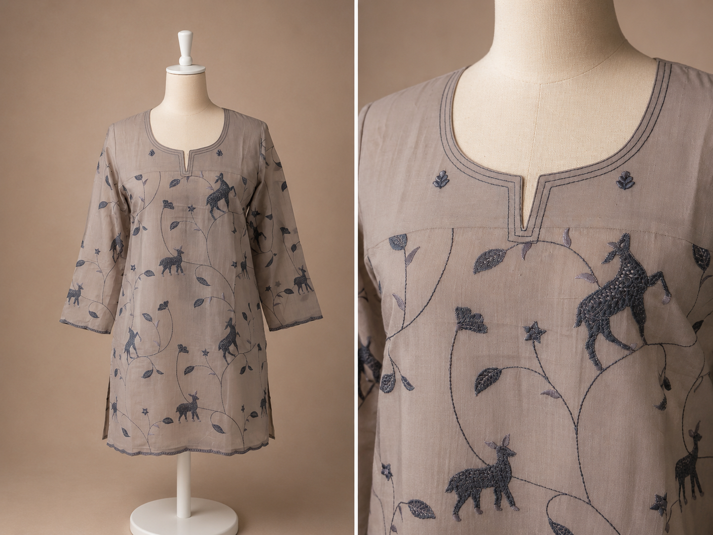 Women’s muslin silk all-over deer and botanical embroidery in L