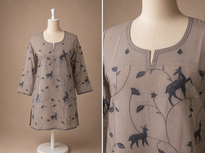 Women’s muslin silk all-over deer and botanical embroidery in L