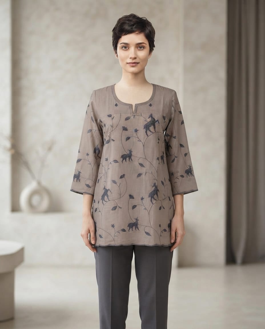 Women’s muslin silk all-over deer and botanical embroidery in L