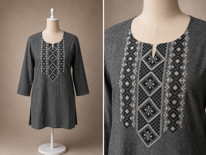 Women's Grey Khadi cotton top with cross-stitch embroidery in L