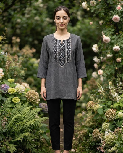 Women's Grey Khadi cotton top with cross-stitch embroidery in L