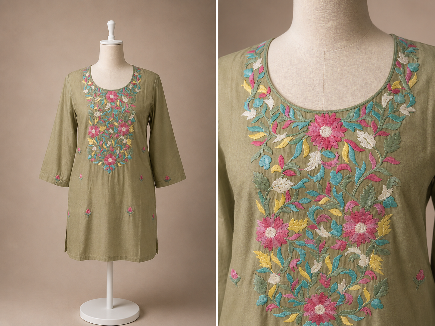 Women's Olive green muslin silk embroidered top in L