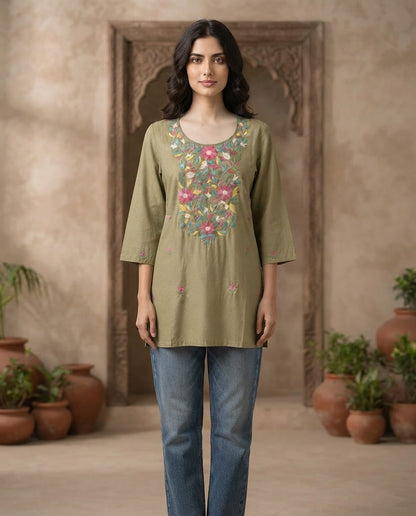 Women's Olive green muslin silk embroidered top in L