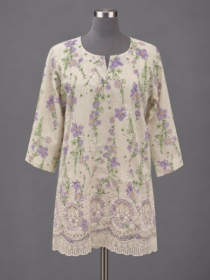 Women's Off-White Cotton Floral Print Top with Cutwork & Sequin Hem in 2XL