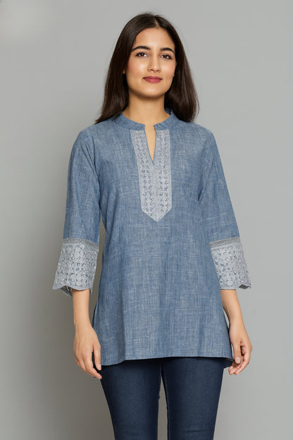 Women's blue color khadi cotton blouse in XL