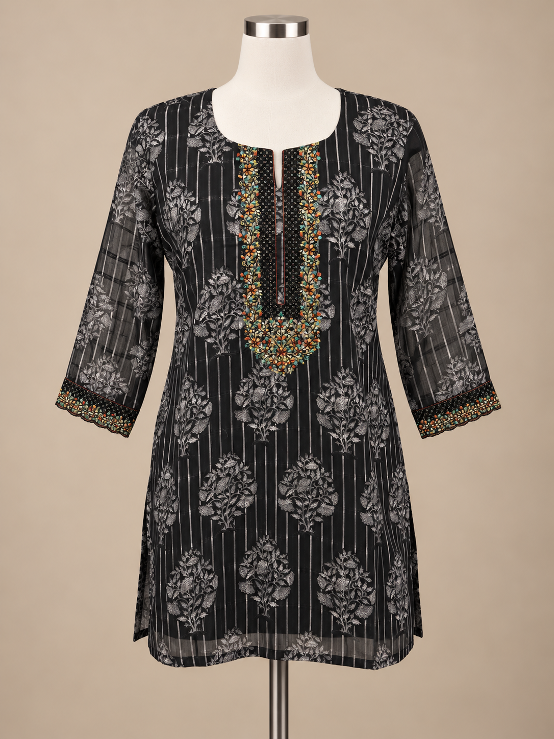 Women's Black Linen Top with Silver Weave & Multicolor Embroidery in 2XL