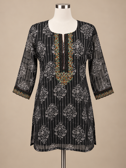 Women's Black Linen Top with Silver Weave & Multicolor Embroidery in 2XL