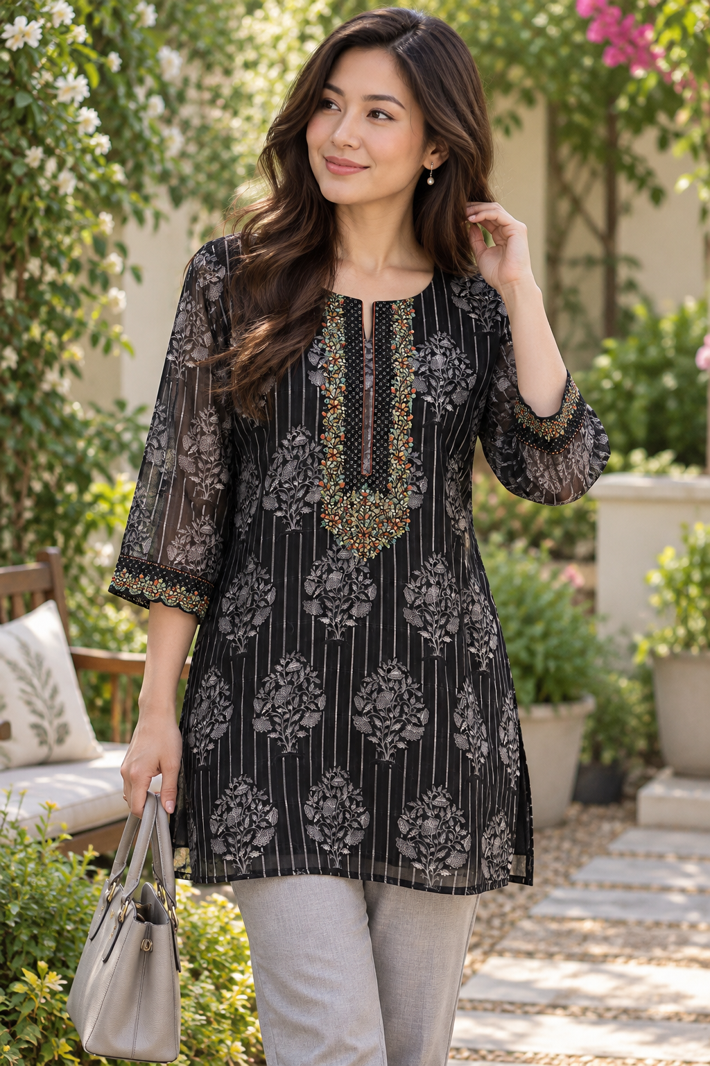 Women's Black Linen Top with Silver Weave & Multicolor Embroidery in 2XL