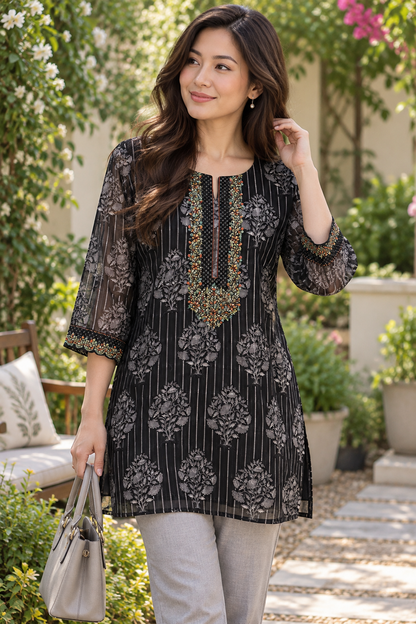 Women's Black Linen Top with Silver Weave & Multicolor Embroidery in 2XL