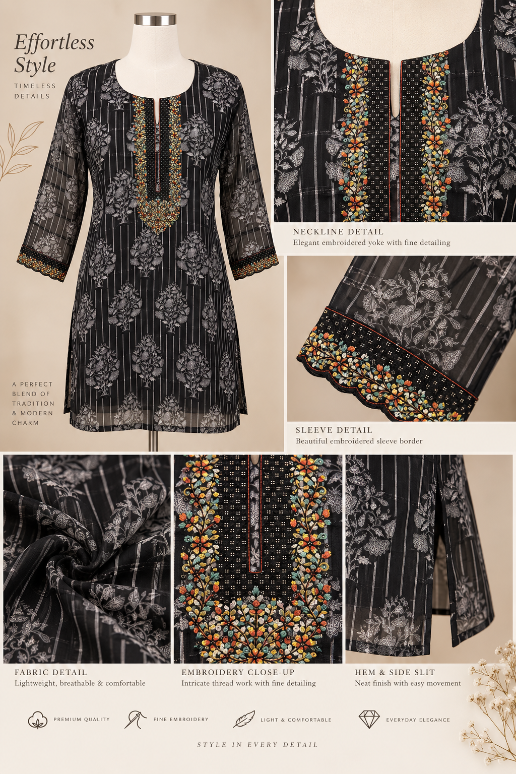 Women's Black Linen Top with Silver Weave & Multicolor Embroidery in 2XL