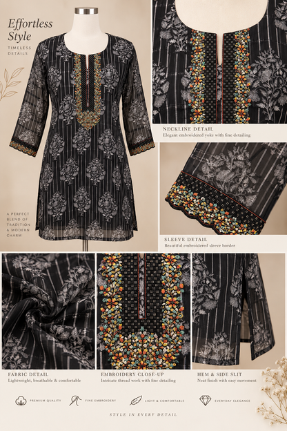 Women's Black Linen Top with Silver Weave & Multicolor Embroidery in 2XL