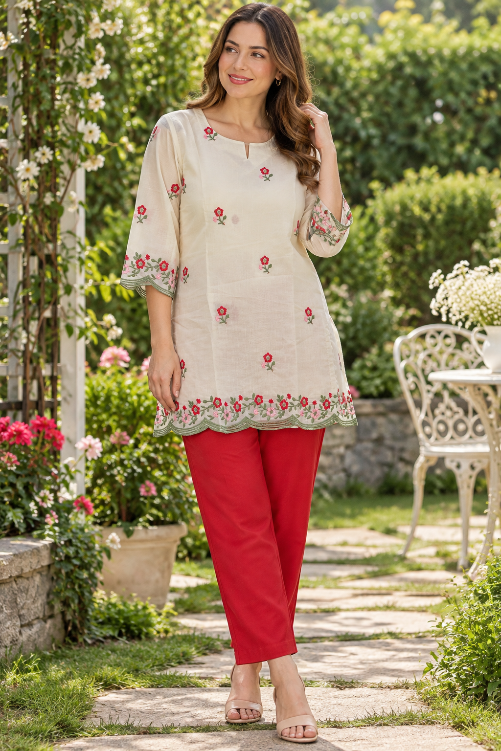 Women's Off-White Mul Chanderi Floral Embroidered Top in S