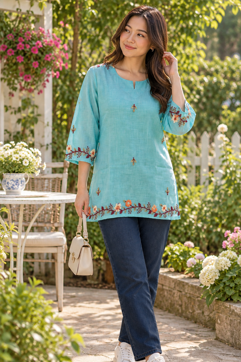 Women's Cyan Cotton Floral Embroidered Top in S