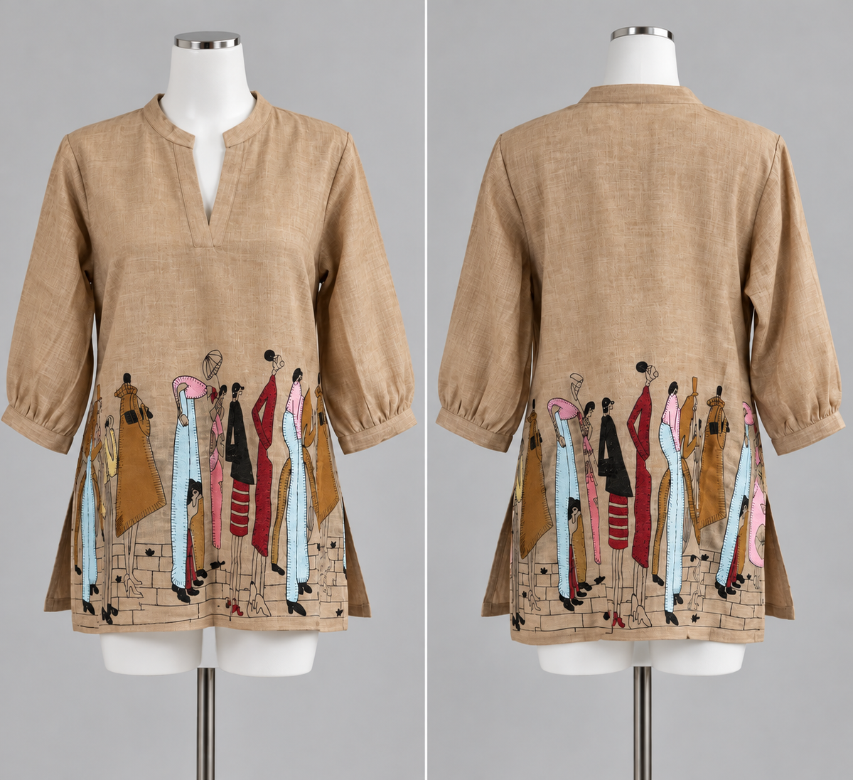 Women's Linen Tops with Human Embroidery in S to 2XL