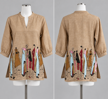 Women's Linen Tops with Human Embroidery in S to 2XL