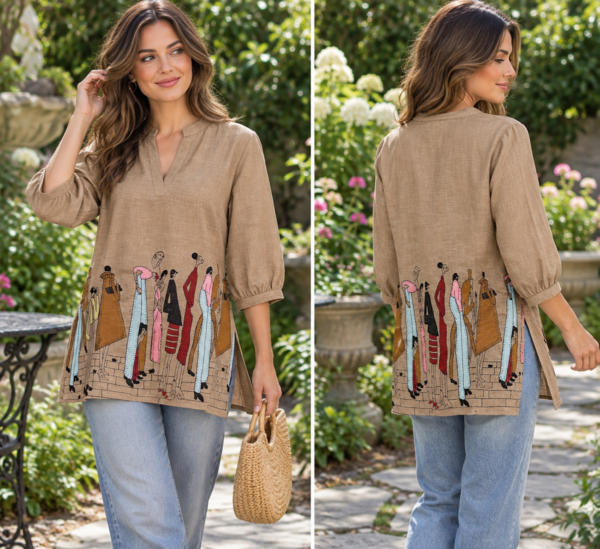 Women's Linen Tops with Human Embroidery in S to 2XL