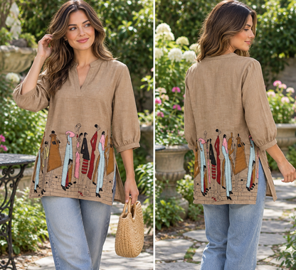 Women's Linen Tops with Human Embroidery in S to 2XL
