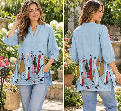 Women's Linen Tops with Human Embroidery in S to 2XL