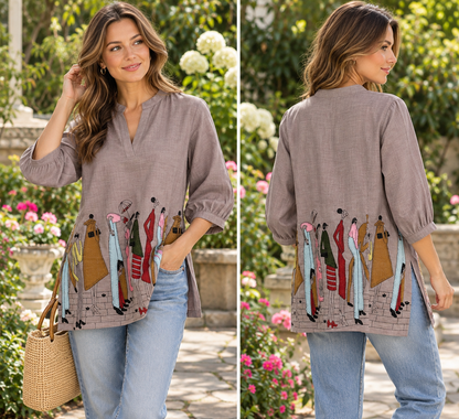 Women's Linen Tops with Human Embroidery in S to 2XL