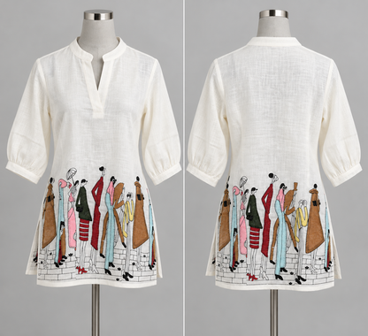 Women's Linen Tops with Human Embroidery in S to 2XL