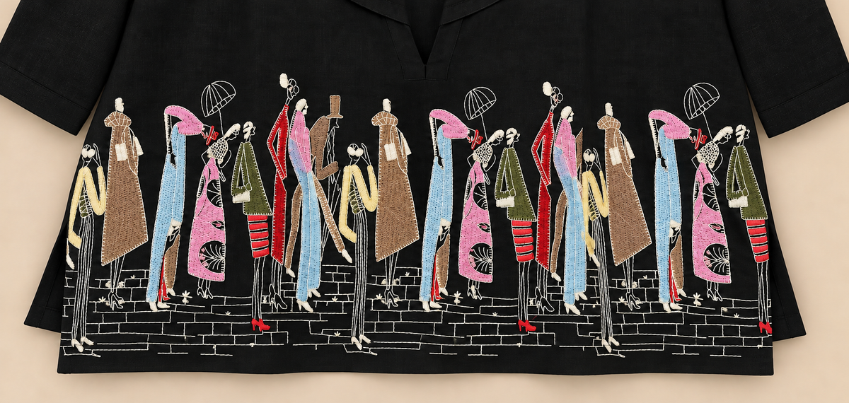 Women's Black Linen Japanese artistic embroidery Top in L & XL