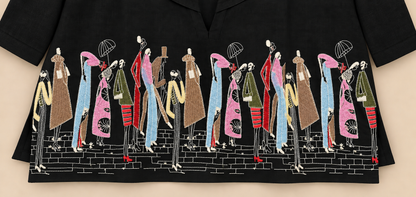 Women's Black Linen Japanese artistic embroidery Top in L & XL