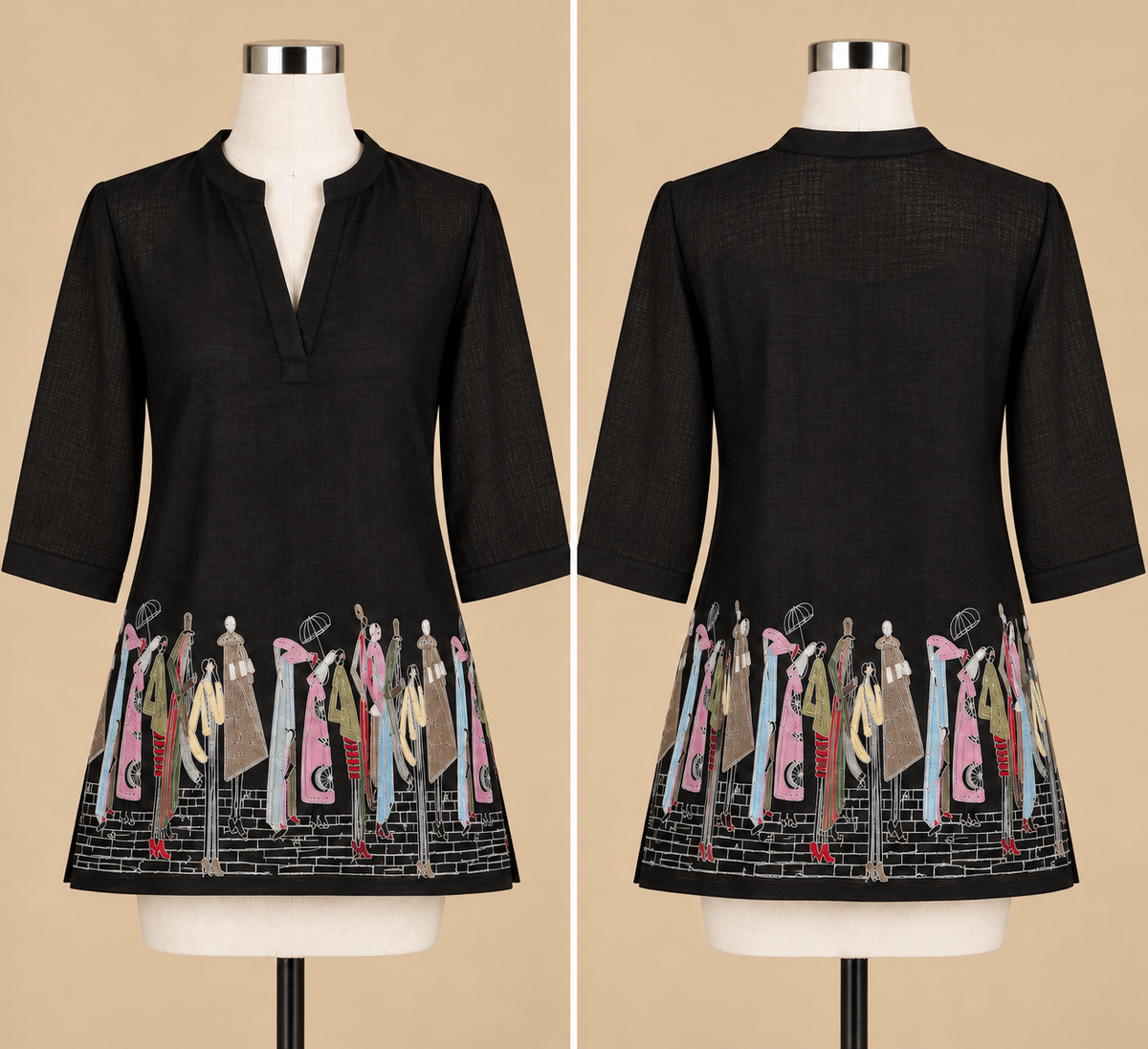 Women's Black Linen Japanese artistic embroidery Top in L & XL