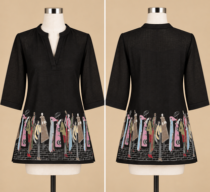 Women's Black Linen Japanese artistic embroidery Top in L & XL