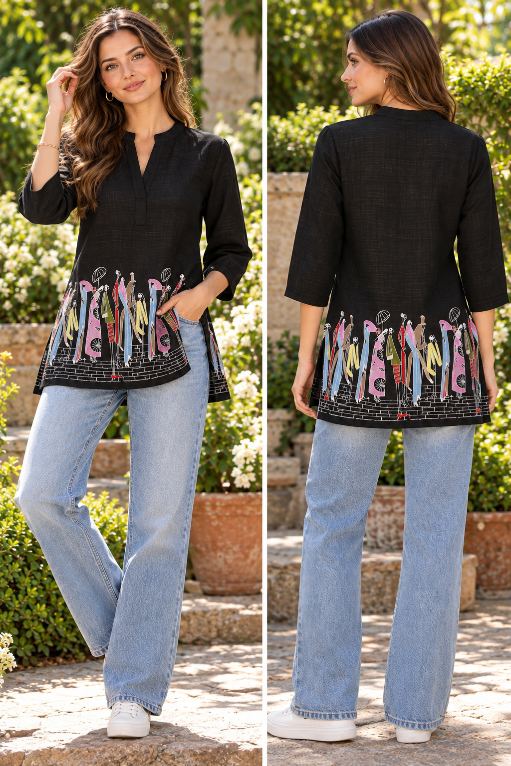 Women's Black Linen Japanese artistic embroidery Top in L & XL