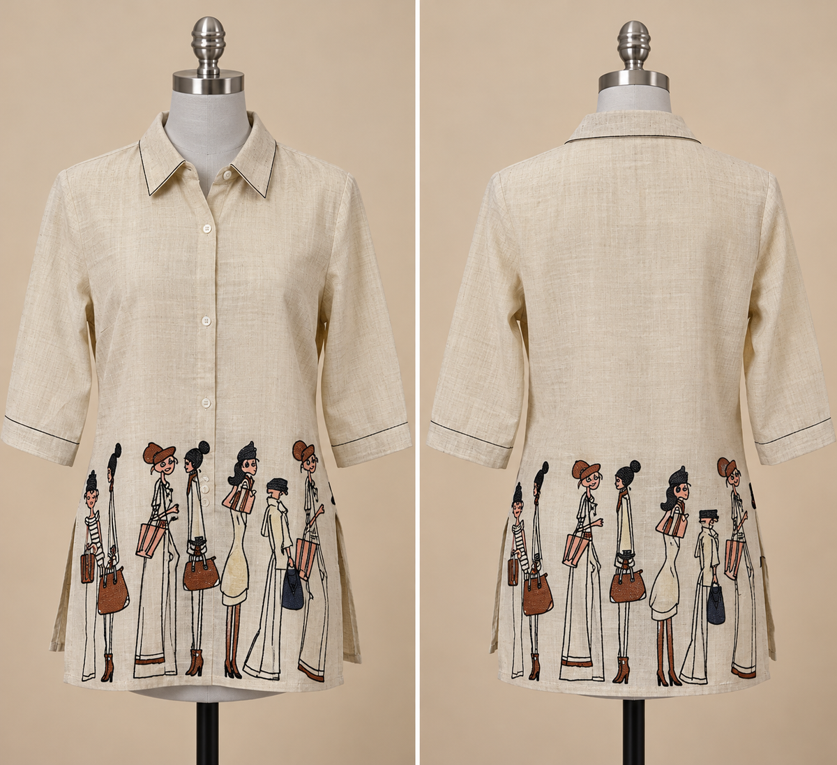Women's Off white Kora Cotton Tall Human Figures Embroidery in XS & S