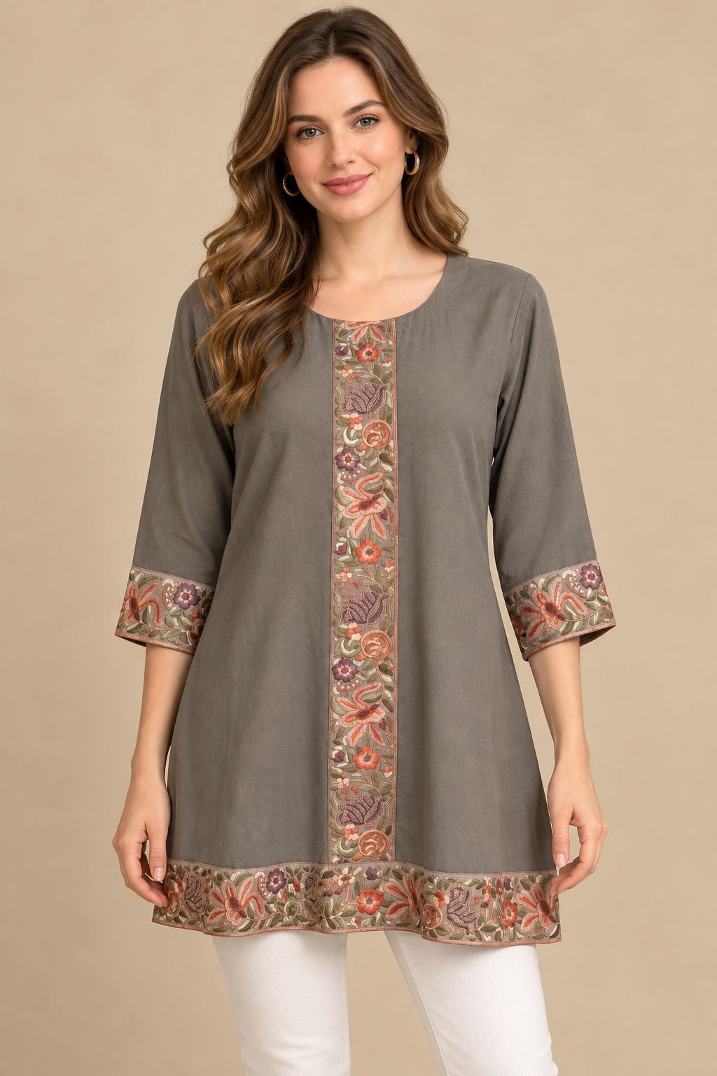 Women's Light Grey Crepe Tunic with Floral Embroidery patch in M & L