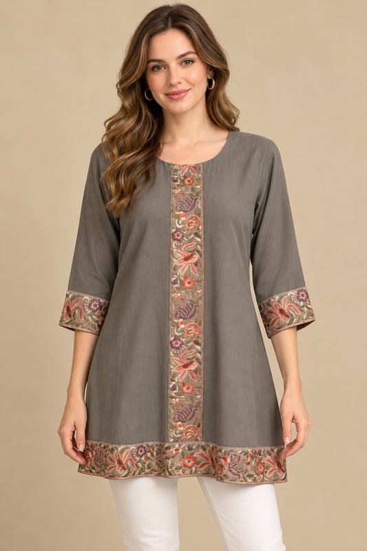 Women's Light Grey Crepe Tunic with Floral Embroidery patch in M & L