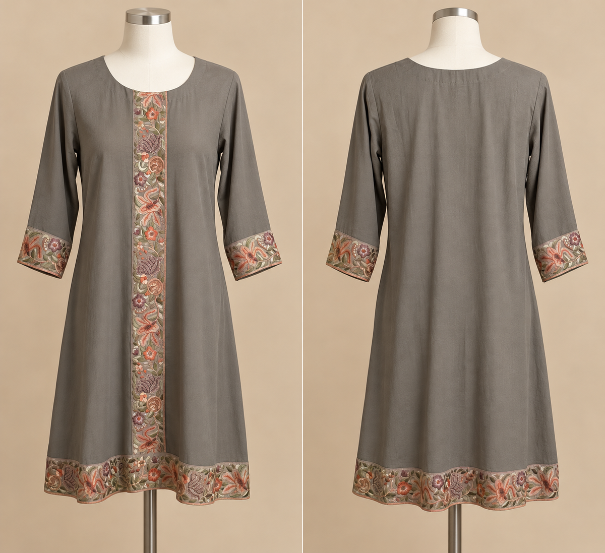 Women's Light Grey Crepe Tunic with Floral Embroidery patch in M & L
