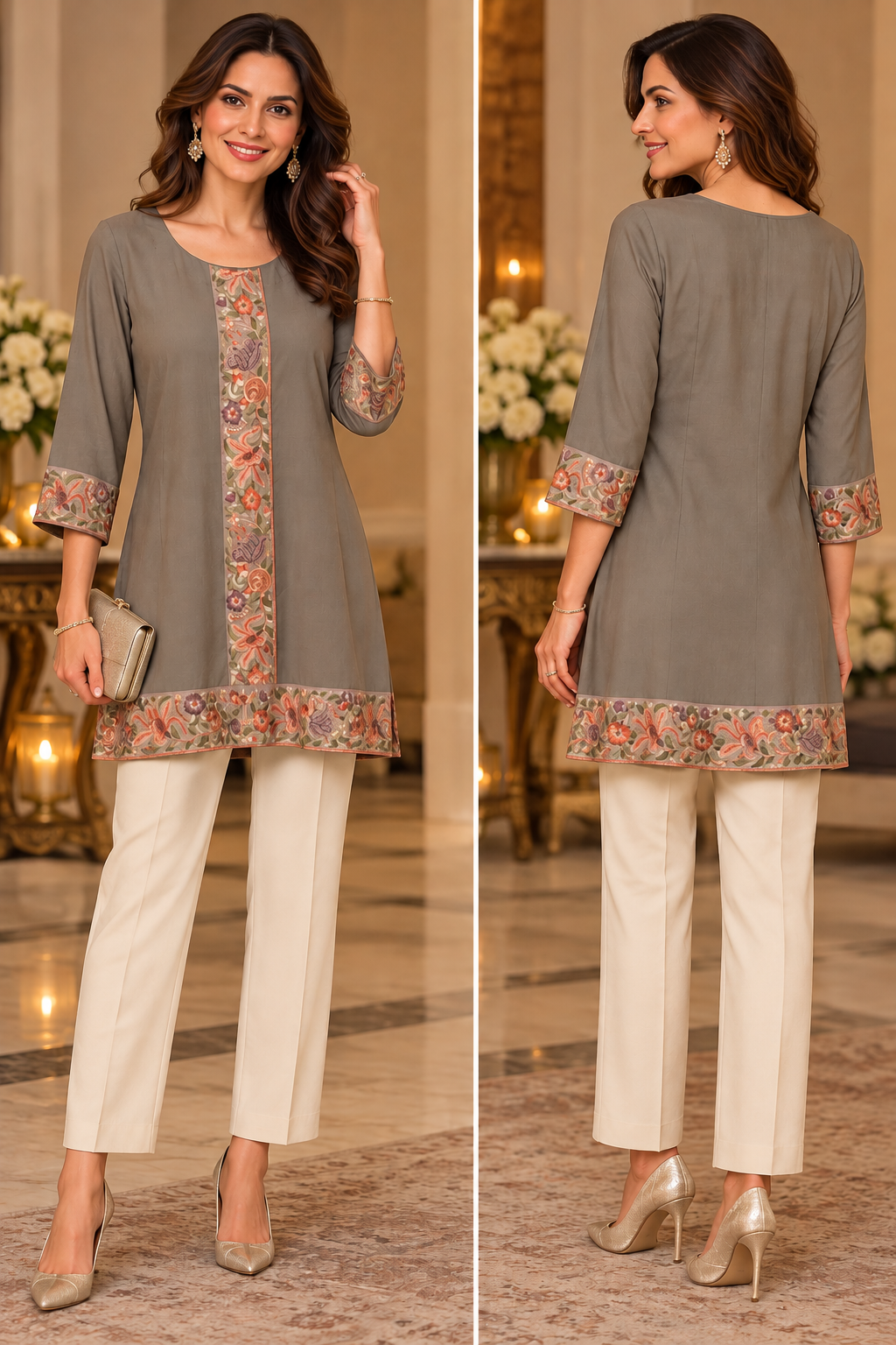 Women's Light Grey Crepe Tunic with Floral Embroidery patch in M & L