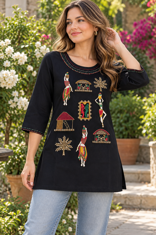 Women's Rayon colorful folk art-inspired embroidery in S to 2XL